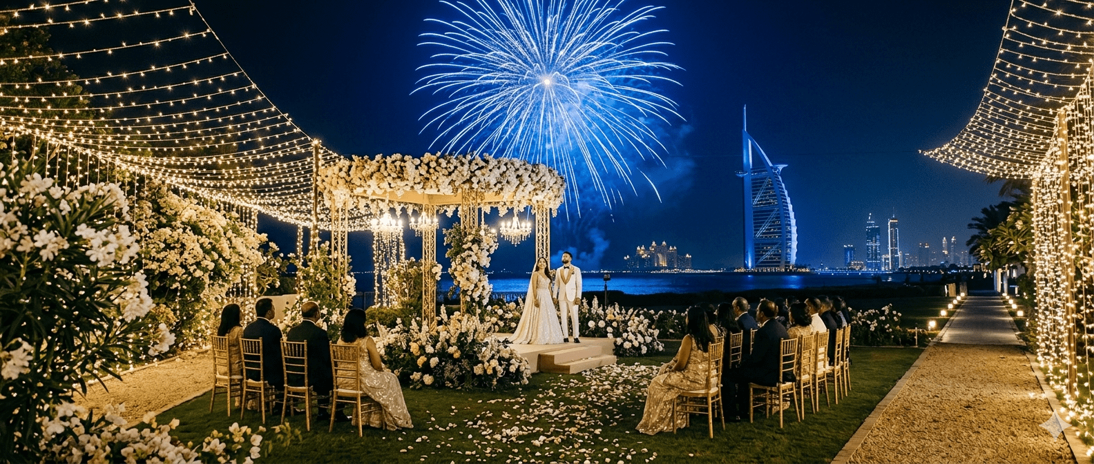 Gender reveal party in Dubai with blue fireworks and happy couple in a luxury garden setting.