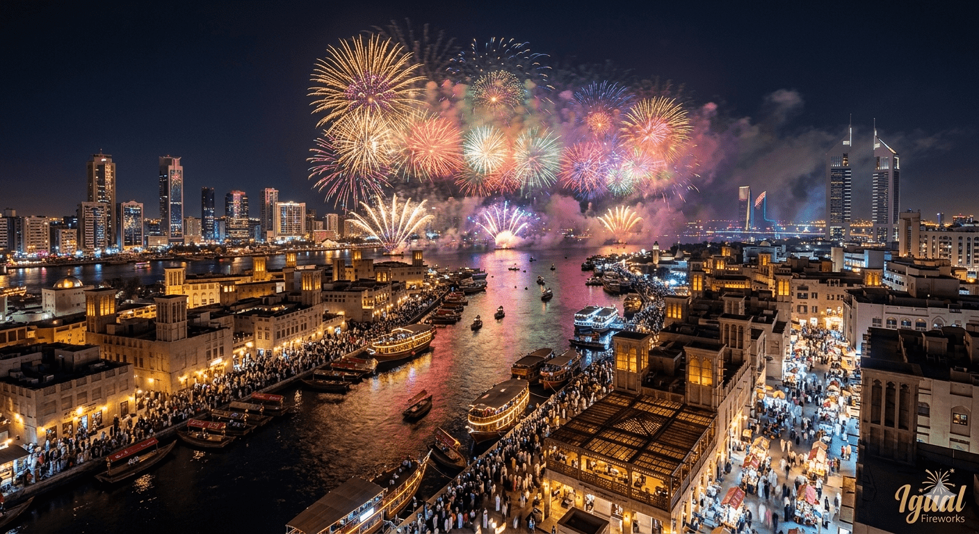 Eid fireworks display in Dubai over the water with traditional architecture and festive crowds.
