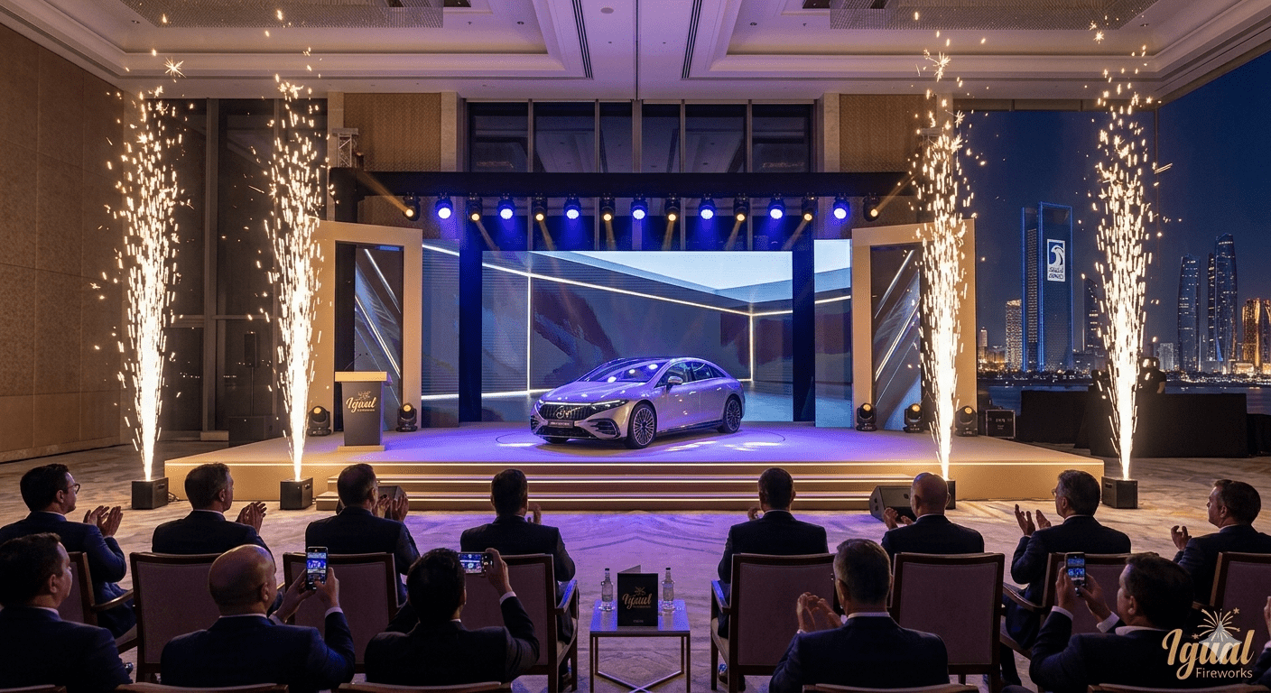 Corporate grand opening in Abu Dhabi featuring professional cold spark pyrotechnics by Igual Fireworks.