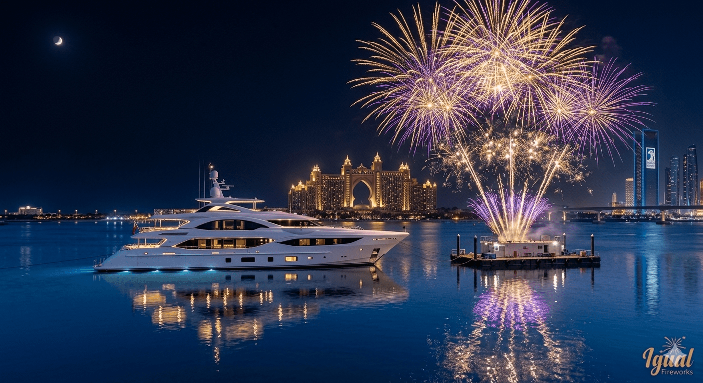 Private yacht fireworks display in Dubai Marina with luxury boat and night sky pyrotechnics.