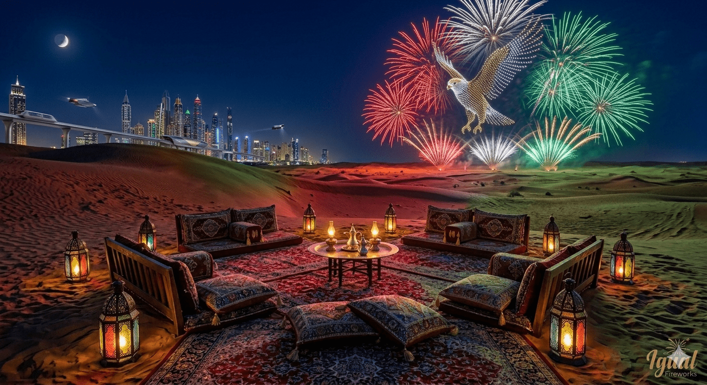 Hybrid drone and fireworks display in Dubai featuring a 3D falcon formation by Igual Fireworks.