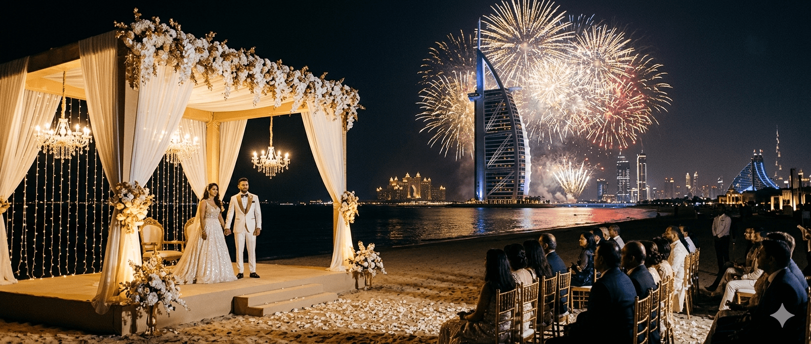 Luxury wedding fireworks display at a Dubai beach resort with colorful sky and wedding decor.