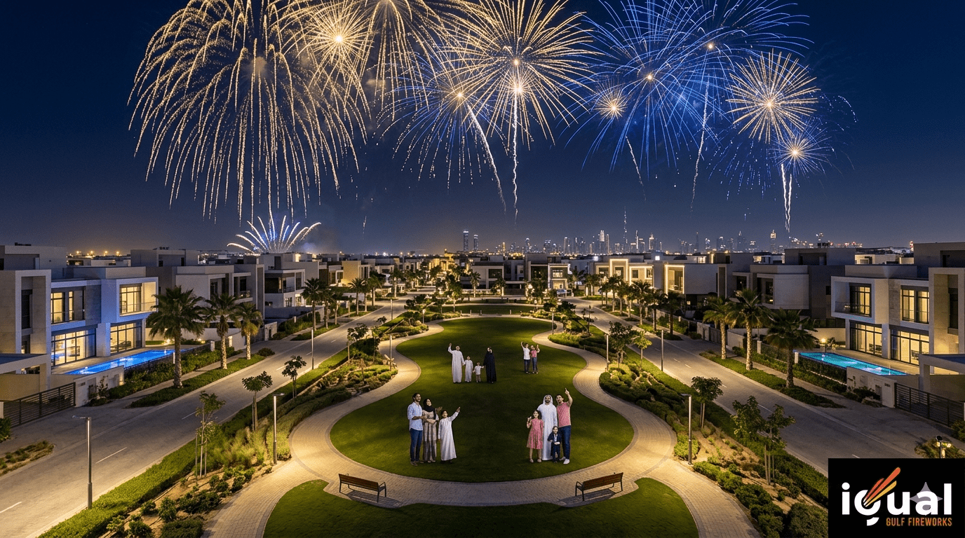 Residential community festival in Dubai with professional low noise fireworks by Igual Fireworks.