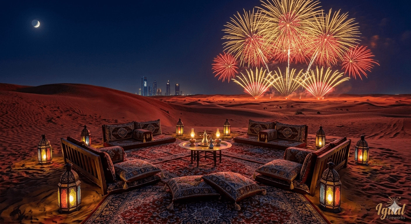 Private desert fireworks display in Dubai with luxury seating and colorful pyrotechnics.